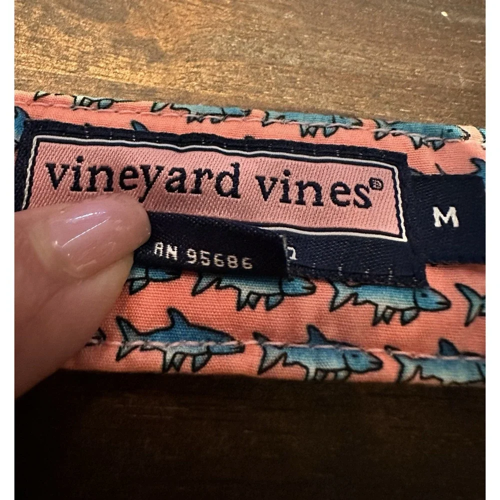 Vineyard Vines Cotton Belt With Blue Sharks on Pink Sz Medium Silver Buckle